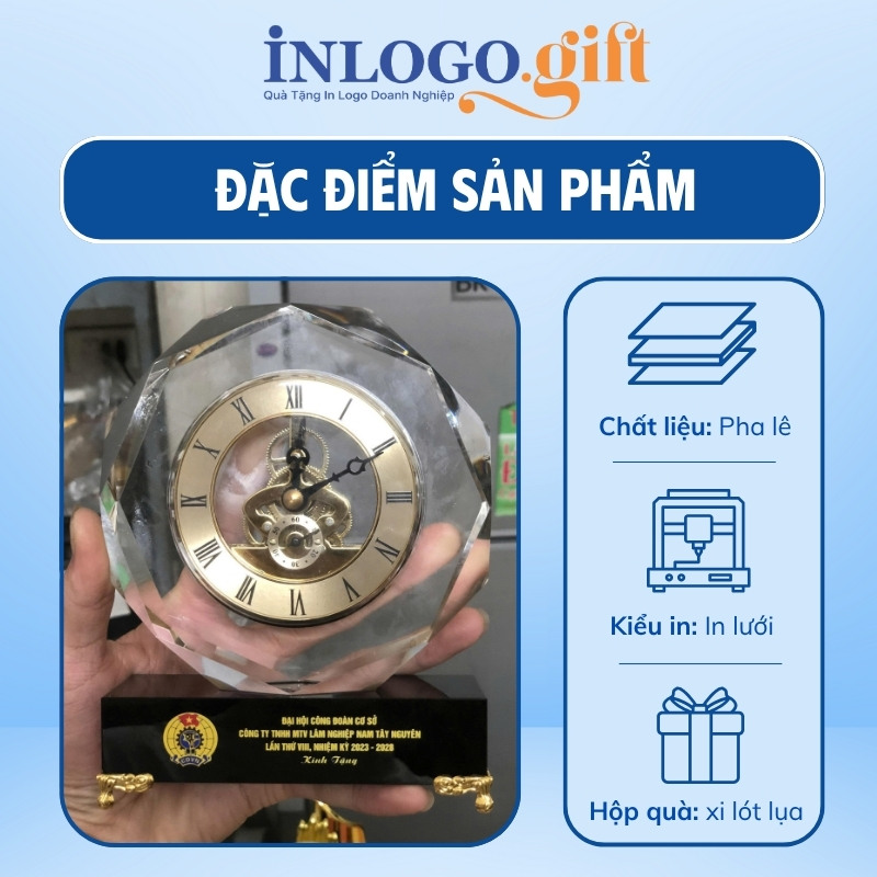 Đồng hồ để bàn in logo pha lê tròn 13x17cm DHB-04