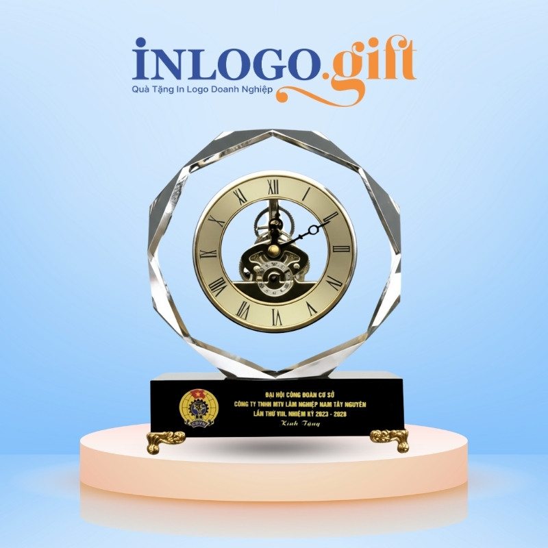 Đồng hồ để bàn in logo pha lê tròn 13x17cm DHB-04