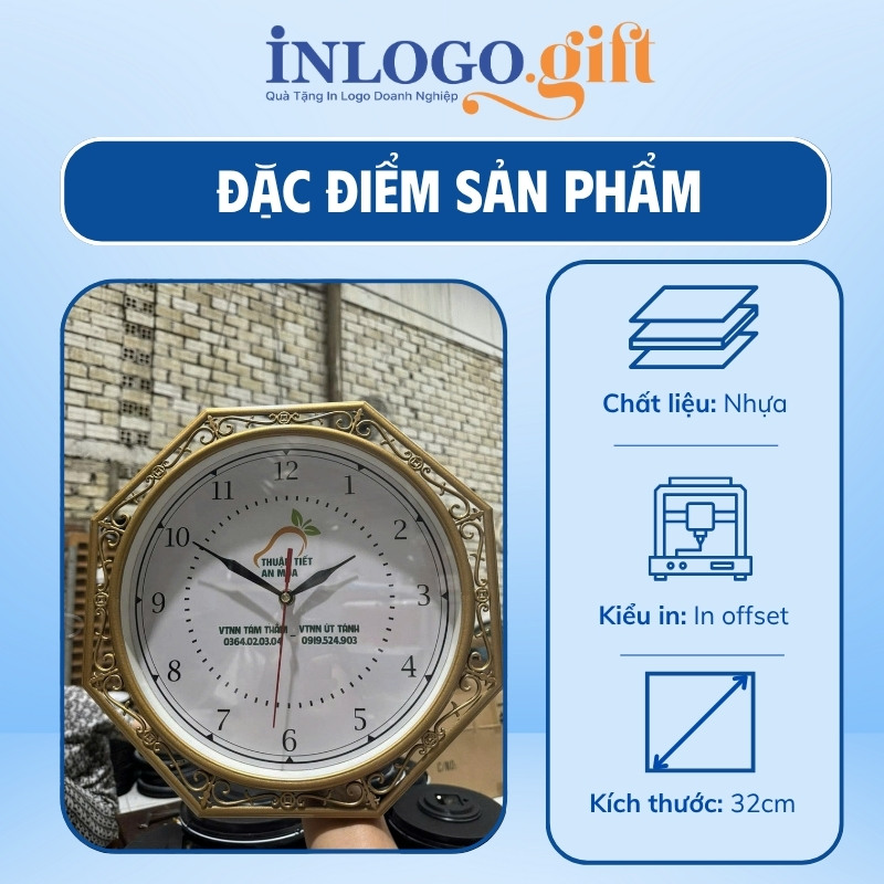 Đồng hồ treo tường in logo đa giác nhũ vàng số in 32cm DHT-03