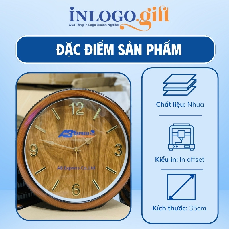 Đồng hồ treo tường in logo nắp chai màu gỗ số cọc 35cm DHT-06