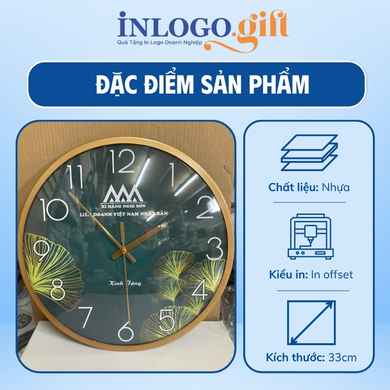 Đồng hồ treo tường in logo tròn mặt lồi màu xanh lá đậm số in 33cm DHT-05