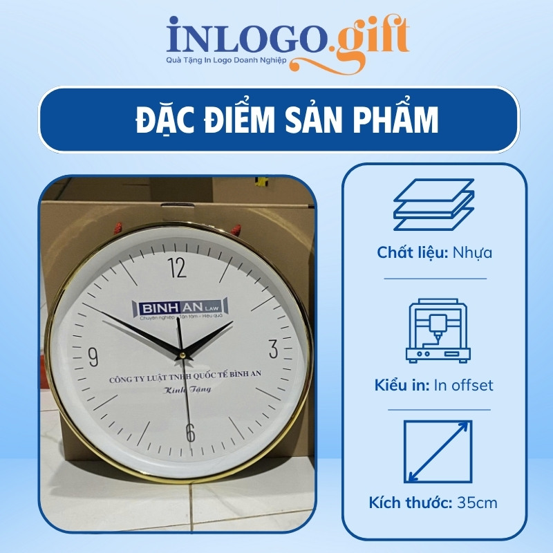 Đồng hồ treo tường in logo tròn vành mỏng xi vàng số in 35cm DHT-01