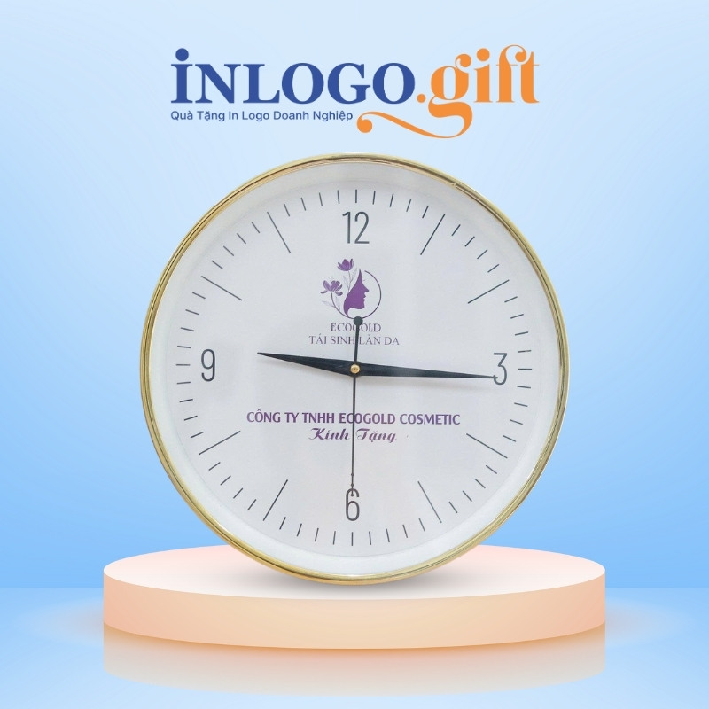 Đồng hồ treo tường in logo tròn vành mỏng xi vàng số in 35cm DHT-02