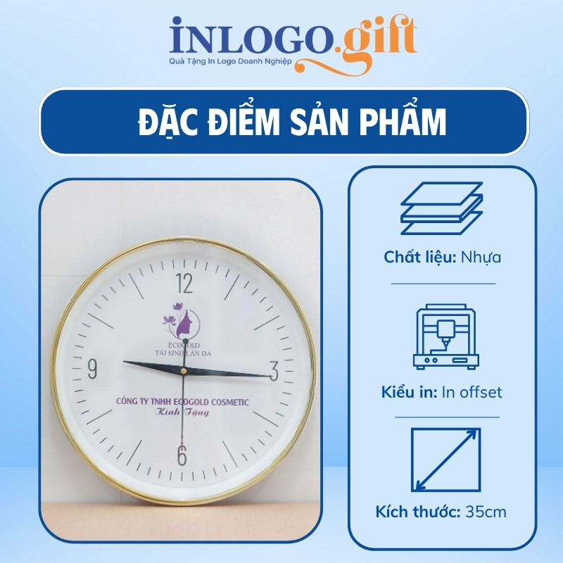 Đồng hồ treo tường in logo tròn vành mỏng xi vàng số in 35cm DHT-02