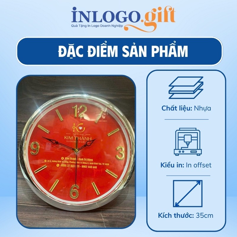 Đồng hồ treo tường in logo tròn xi vàng màu đỏ số cọc 35cm DHT-04
