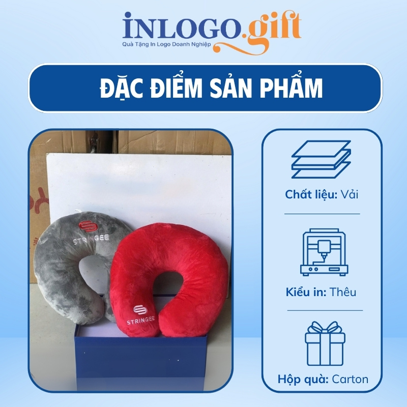 Gối chữ U thêu logo vải velboa ruột bông 2 màu đỏ và xám