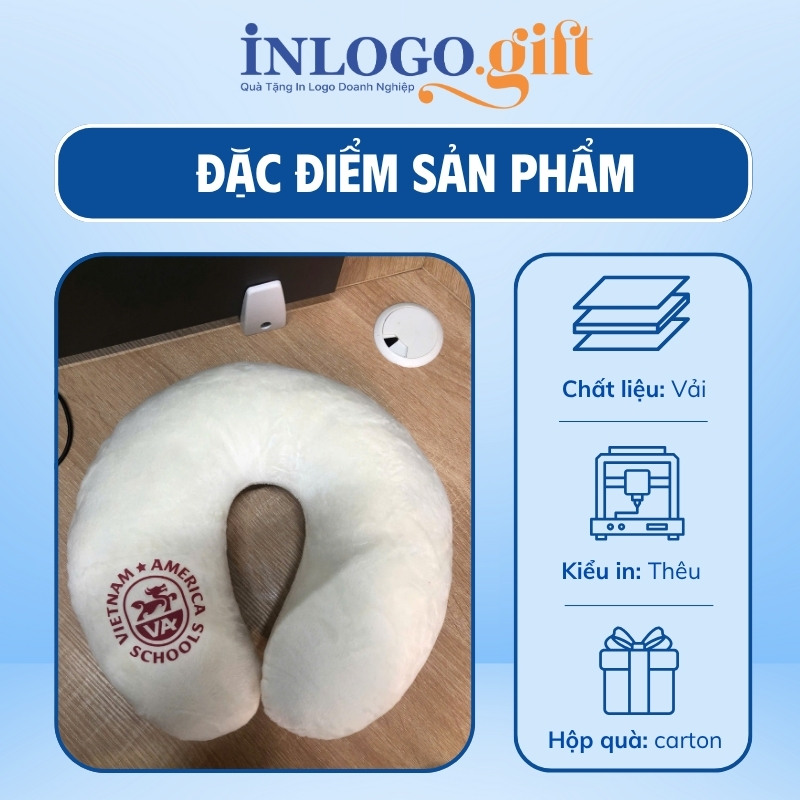 Gối chữ U thêu logo vải Velboa ruột bông màu trắng GCU-05