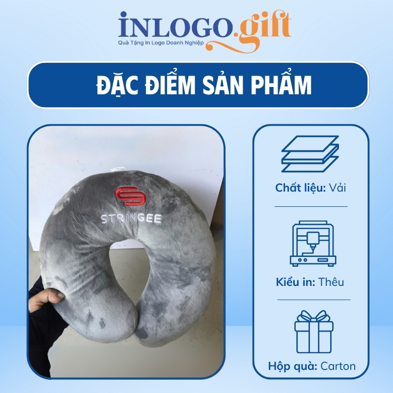 Gối chữ U thêu logo vải Velboa ruột bông màu xám