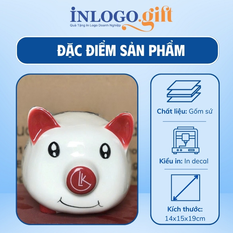 Heo đất in logo màu trắng tai hồng kích thước 14x15x19cm HĐ-07
