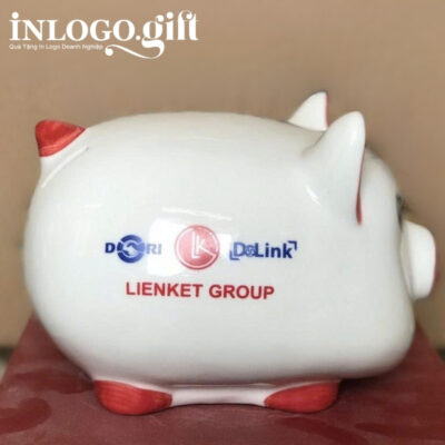 Heo đất in logo màu trắng tai hồng kích thước 14x15x19cm HĐ-07