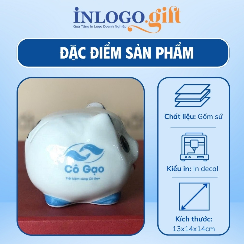 Heo đất in logo màu trắng tai xanh dương kích thước 13x14x14cm HĐ-08