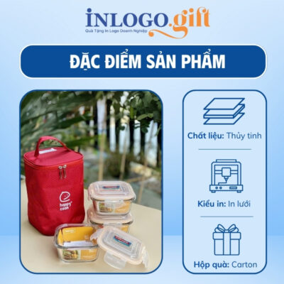 Hộp cơm văn phòng in logo thương hiệu Happy Cook 3 hộp vuông 520ml