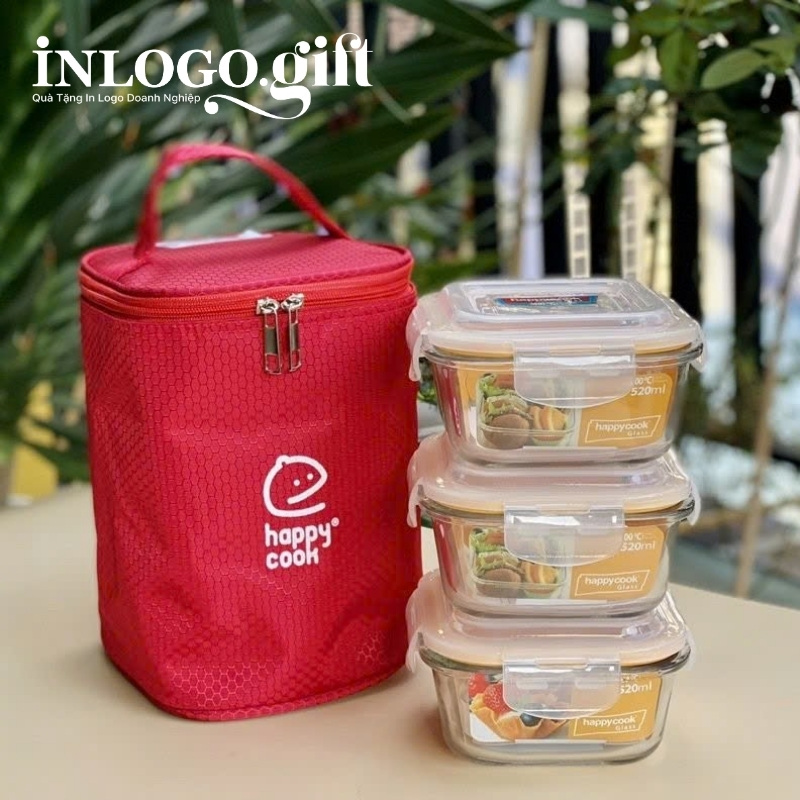Hộp cơm văn phòng in logo thương hiệu Happy Cook 3 hộp vuông 520ml