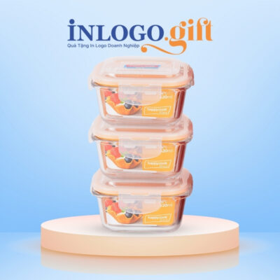 Hộp cơm văn phòng in logo thương hiệu Happy Cook 3 hộp vuông 520ml