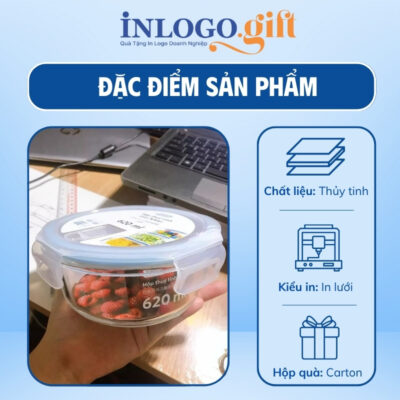 Hộp cơm văn phòng in logo thương hiệu Nikko thủy tinh dáng tròn 620ml