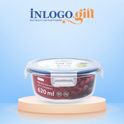 Hộp cơm văn phòng in logo thương hiệu Nikko thủy tinh dáng tròn 620ml