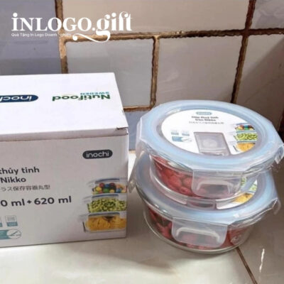 Hộp cơm văn phòng in logo thương hiệu Nikko thủy tinh dáng tròn 620ml