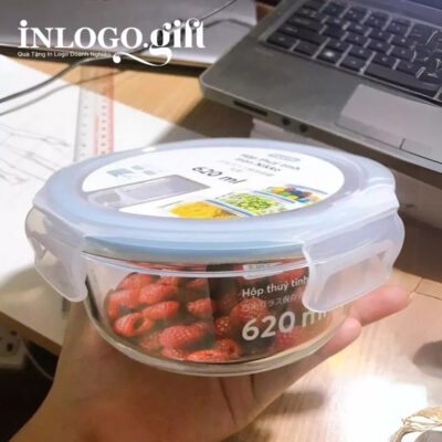 Hộp cơm văn phòng in logo thương hiệu Nikko thủy tinh dáng tròn 620ml