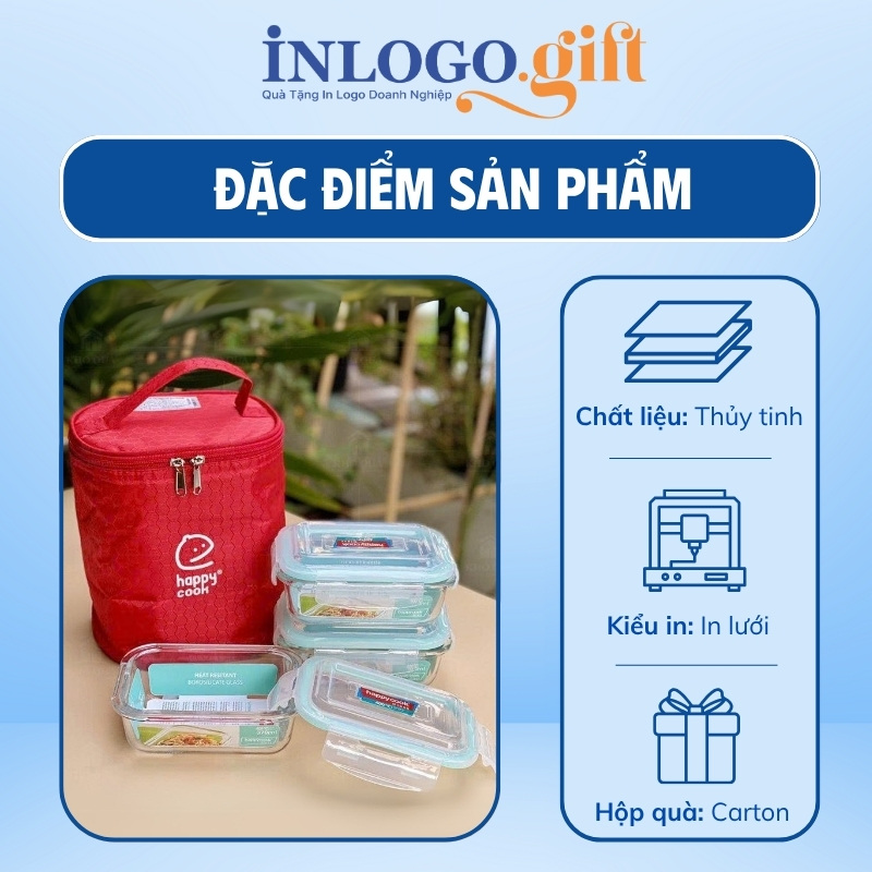 Hộp đựng cơm văn phòng in logo thương hiệu Happy Cook 3 hộp chữ nhật 370ml