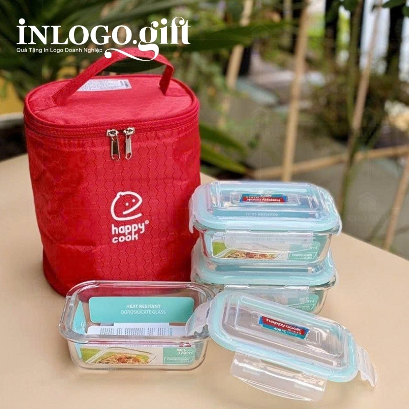Hộp đựng cơm văn phòng in logo thương hiệu Happy Cook 3 hộp chữ nhật 370ml