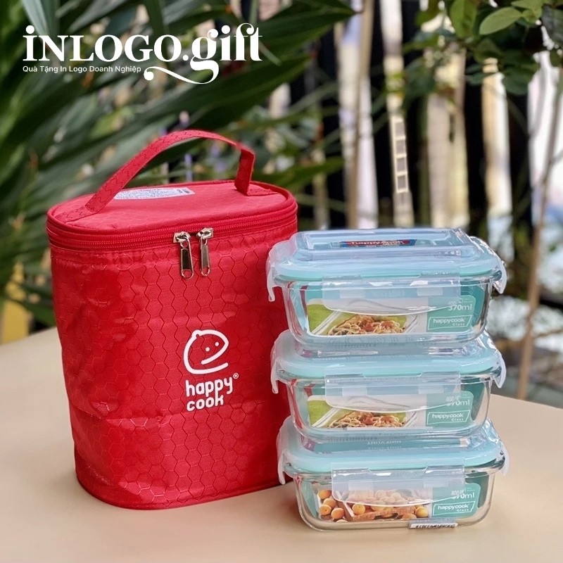 Hộp đựng cơm văn phòng in logo thương hiệu Happy Cook 3 hộp chữ nhật 370ml