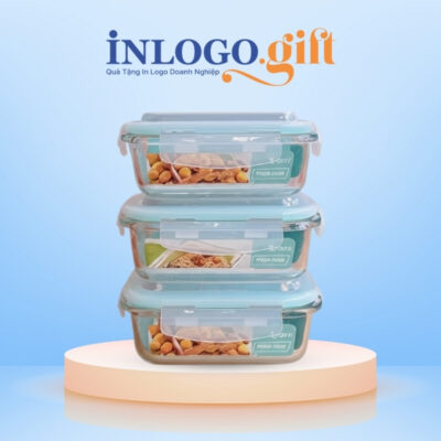 Hộp đựng cơm văn phòng in logo thương hiệu Happy Cook 3 hộp chữ nhật 370ml