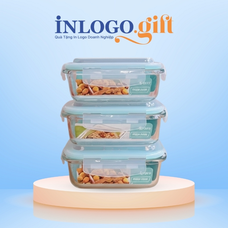 Hộp đựng cơm văn phòng in logo thương hiệu Happy Cook 3 hộp chữ nhật 370ml