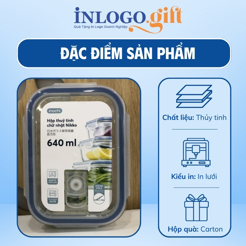 Hộp đựng cơm văn phòng in logo thương hiệu Nikko thủy tinh dáng chữ nhật 640ml