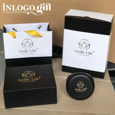 Hộp đựng niềng răng in logo hình tròn màu đen HNR-02