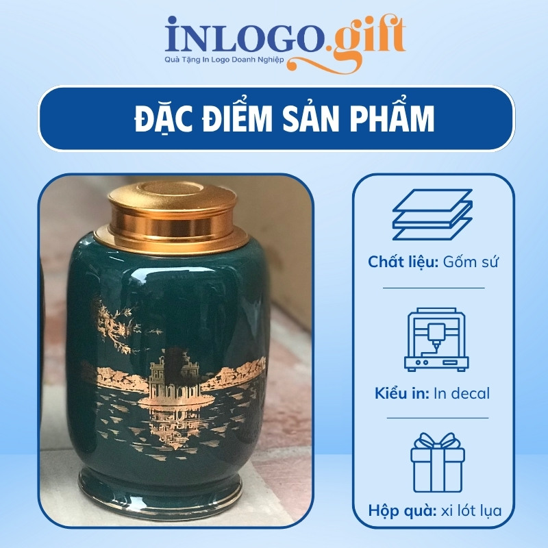 Hũ đựng trà in logo dáng bí kẻ chỉ chân men xanh họa tiết hồ gươm 200g HĐT-04