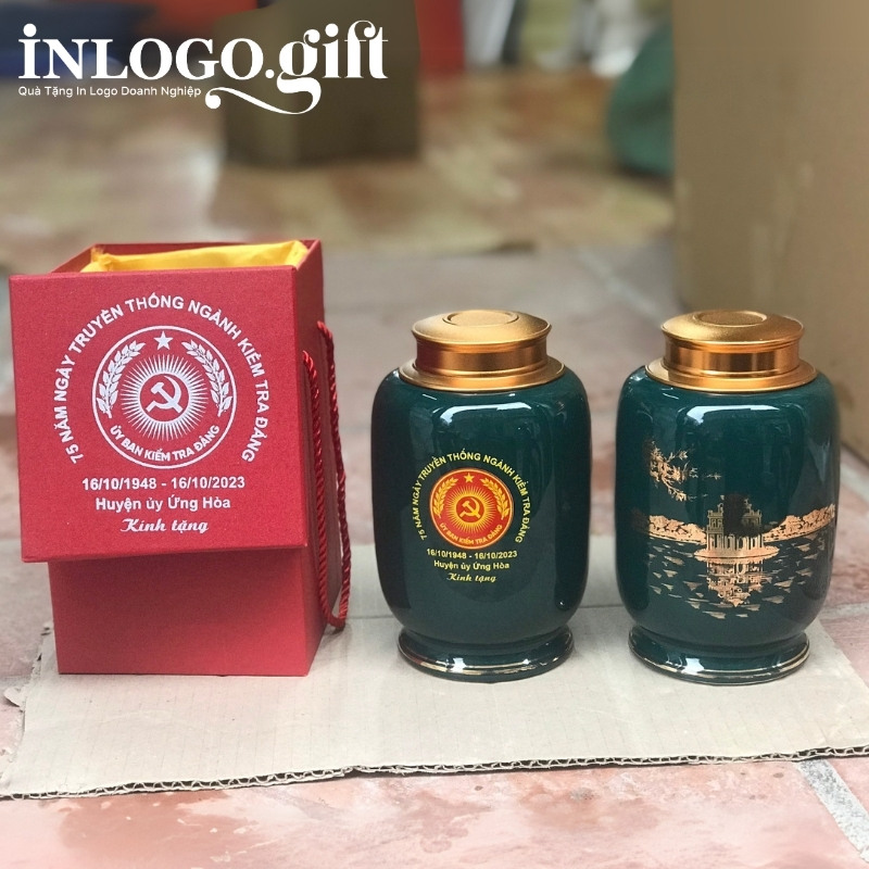 Hũ đựng trà in logo dáng bí kẻ chỉ chân men xanh họa tiết hồ gươm 200g HĐT-04