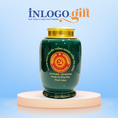 Hũ đựng trà in logo dáng bí kẻ chỉ chân men xanh họa tiết hồ gươm 200g HĐT-04