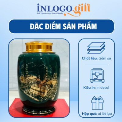 Hũ đựng trà in logo dáng bí kẻ chỉ chân men xanh họa tiết toàn nhà EVN kẻ vàng 200g HĐT-02