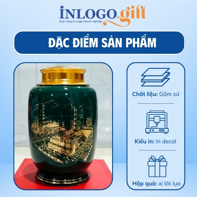 Hũ đựng trà in logo dáng bí kẻ chỉ chân men xanh họa tiết toàn nhà EVN kẻ vàng 200g HĐT-02