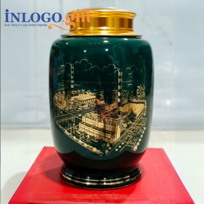 Hũ đựng trà in logo dáng bí kẻ chỉ chân men xanh họa tiết toàn nhà EVN kẻ vàng 200g HĐT-02