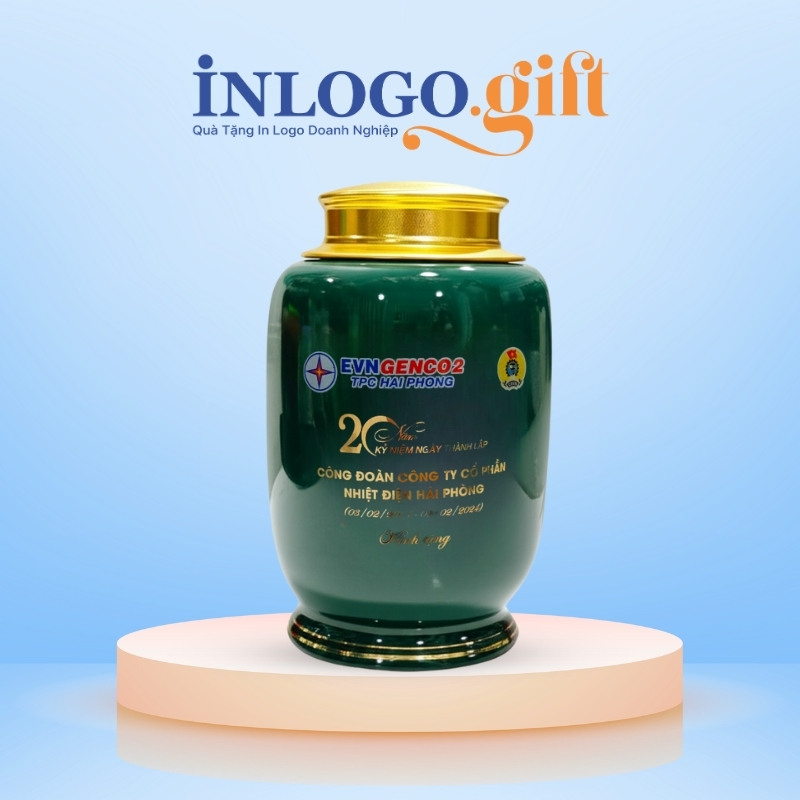 Hũ đựng trà in logo dáng bí men xanh lá vẽ trụ sở vàng kim 200g HĐT-02
