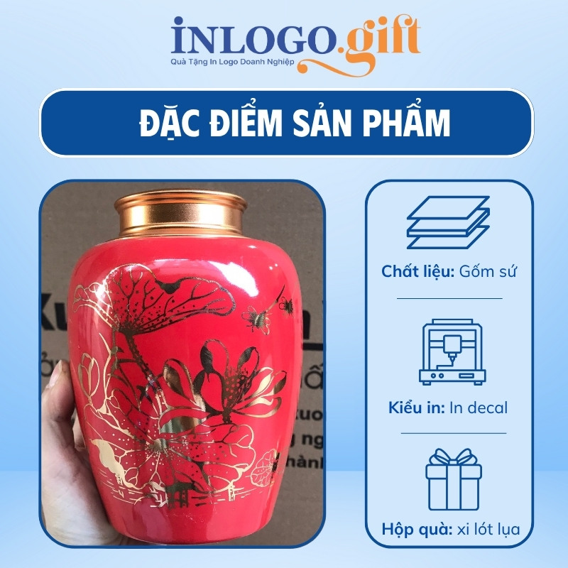 Hũ đựng trà in logo dáng bí men đỏ họa tiết hoa sen kẻ vàng 200g HĐT-03