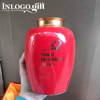Hũ đựng trà in logo dáng bí men đỏ họa tiết hoa sen kẻ vàng 200g HĐT-03