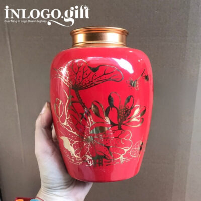Hũ đựng trà in logo dáng bí men đỏ họa tiết hoa sen kẻ vàng 200g HĐT-03