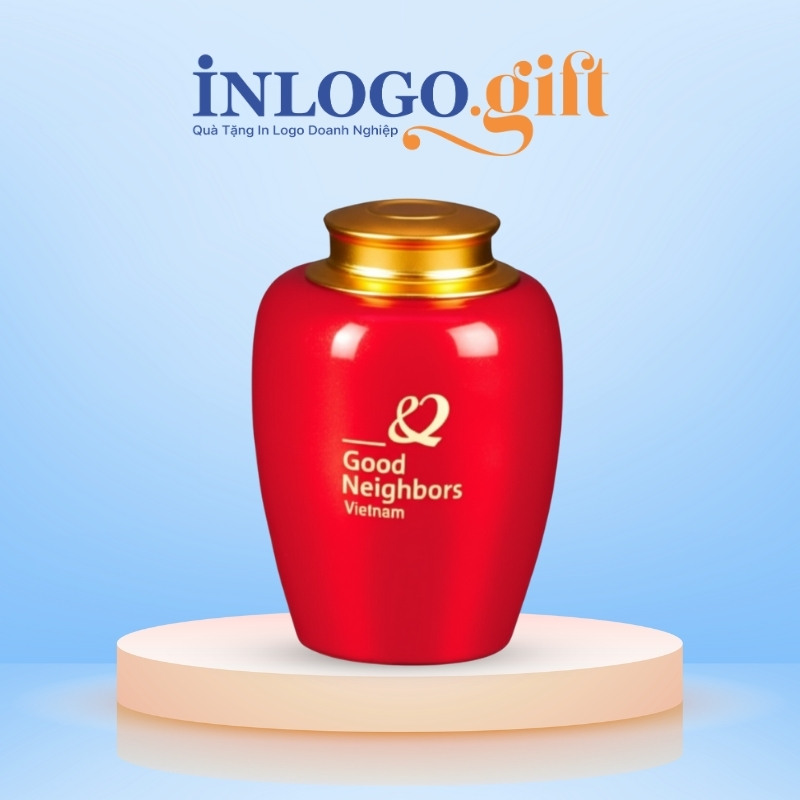 Hũ đựng trà in logo dáng bí men đỏ họa tiết hoa sen kẻ vàng 200g HĐT-03