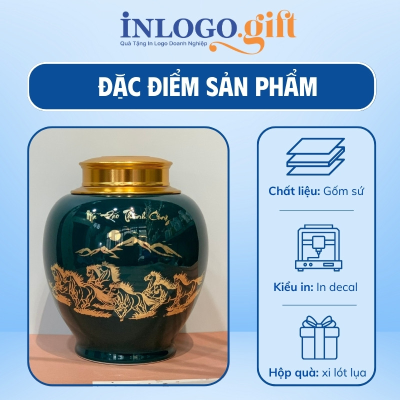 Hũ đựng trà in logo dáng tròn men xanh họa tiết mã đáo thành công HĐT-01