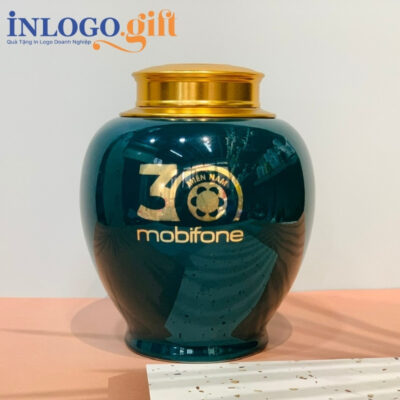 Hũ đựng trà in logo dáng tròn men xanh họa tiết mã đáo thành công HĐT-01