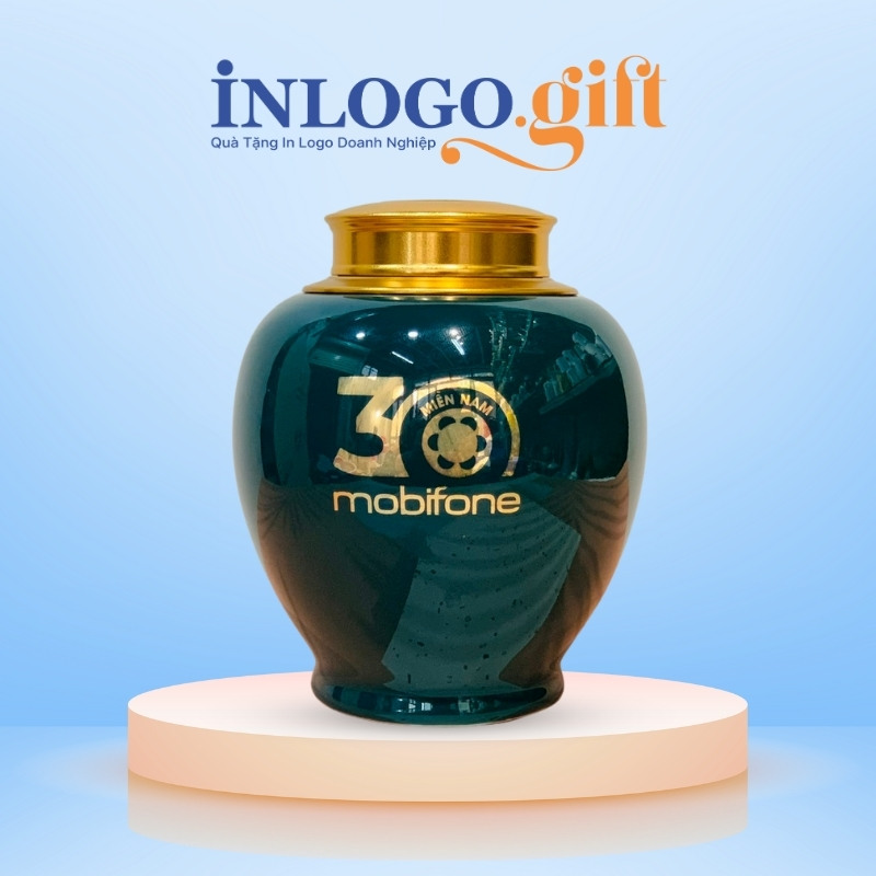 Hũ đựng trà in logo dáng tròn men xanh họa tiết mã đáo thành công HĐT-01