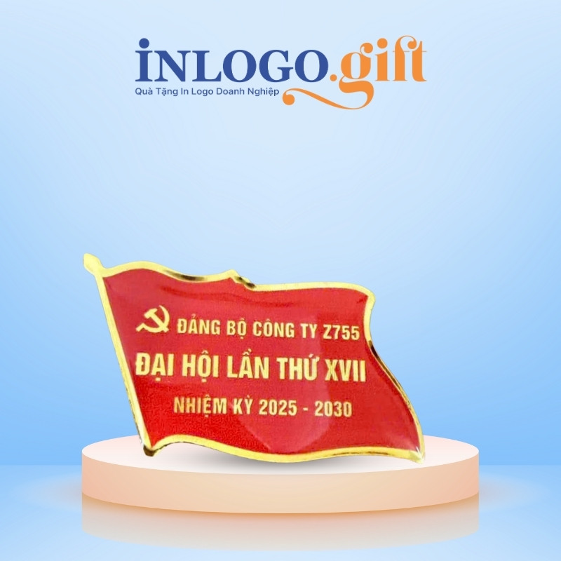 Huy hiệu in logo kim loại đổ keo màu đỏ HH-02