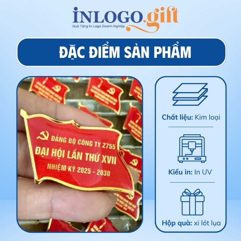 Huy hiệu in logo kim loại đổ keo màu đỏ HH-02