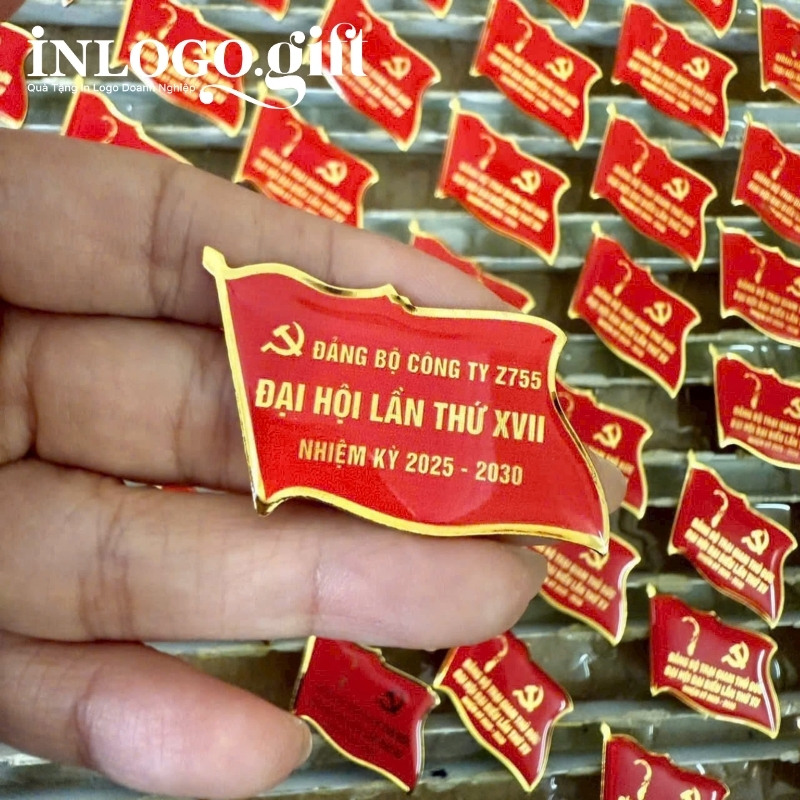 Huy hiệu in logo kim loại đổ keo màu đỏ HH-02