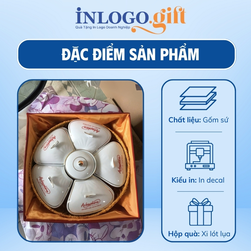 Khay mứt in logo 5 cánh hoa đào màu trắng