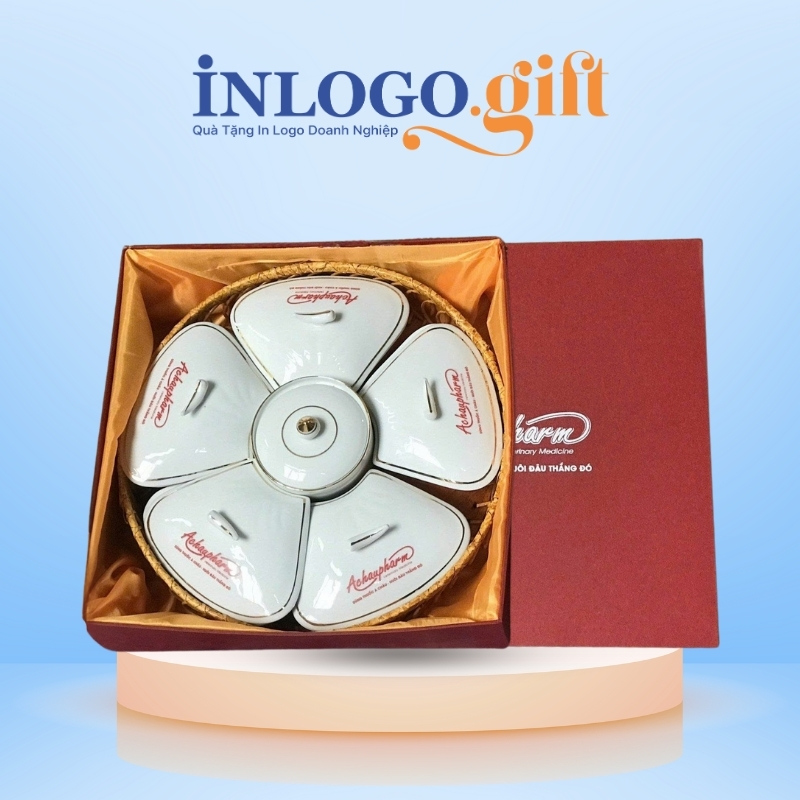 Khay mứt in logo 5 cánh hoa đào màu trắng