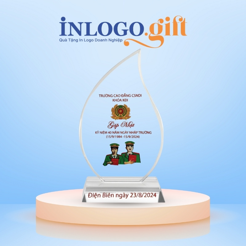 Kỷ niệm chương in logo pha lê dáng chiếc lá KNC-02