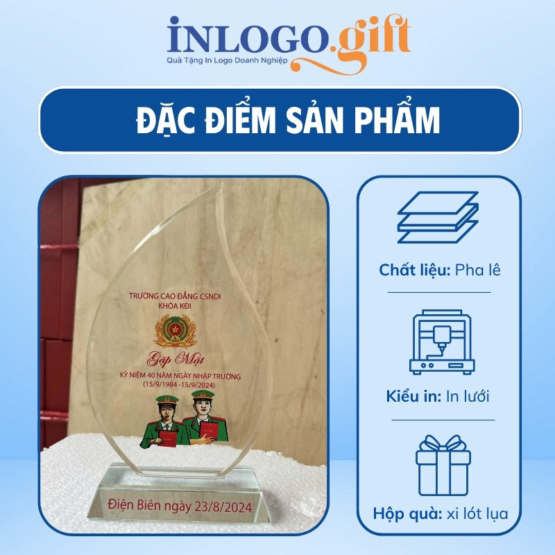 Kỷ niệm chương in logo pha lê dáng chiếc lá KNC-02